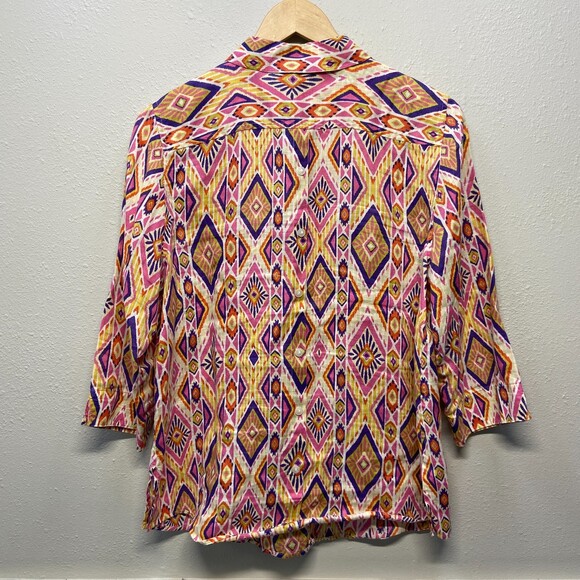 Chico's 100% Linen No-Iron Southwest Pattern Button Up Shirt Sz 8-10 (Chicos 1) - Picture 2 of 6
